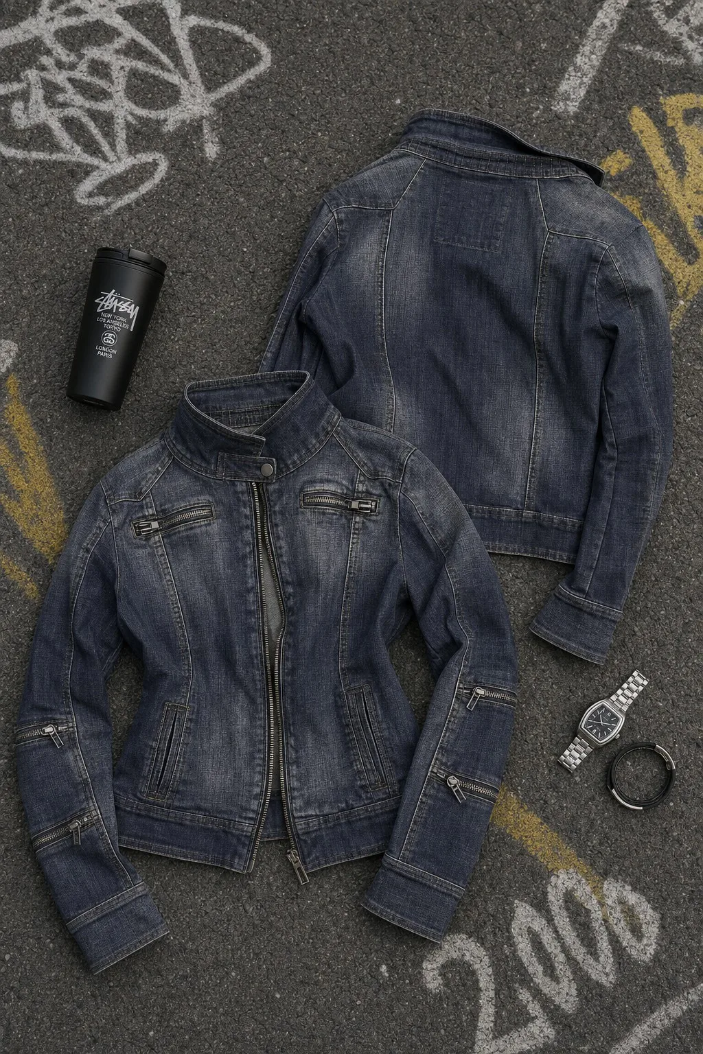 Streetwear Casual Dark Wash Fitted Denim Jacket Women Heavy Multi Zipper High Collar Detail Fashion Coat Top Slim Fit Soft Y2K