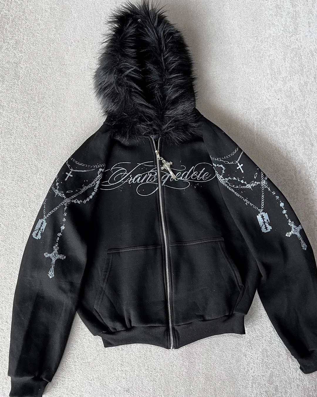 American Retro Rock Gothic Graphic Fur Collar Loose Zipper Sweatshirt Men's Y2K New Harajuku Punk Casual Joker Hoodie Streetwear