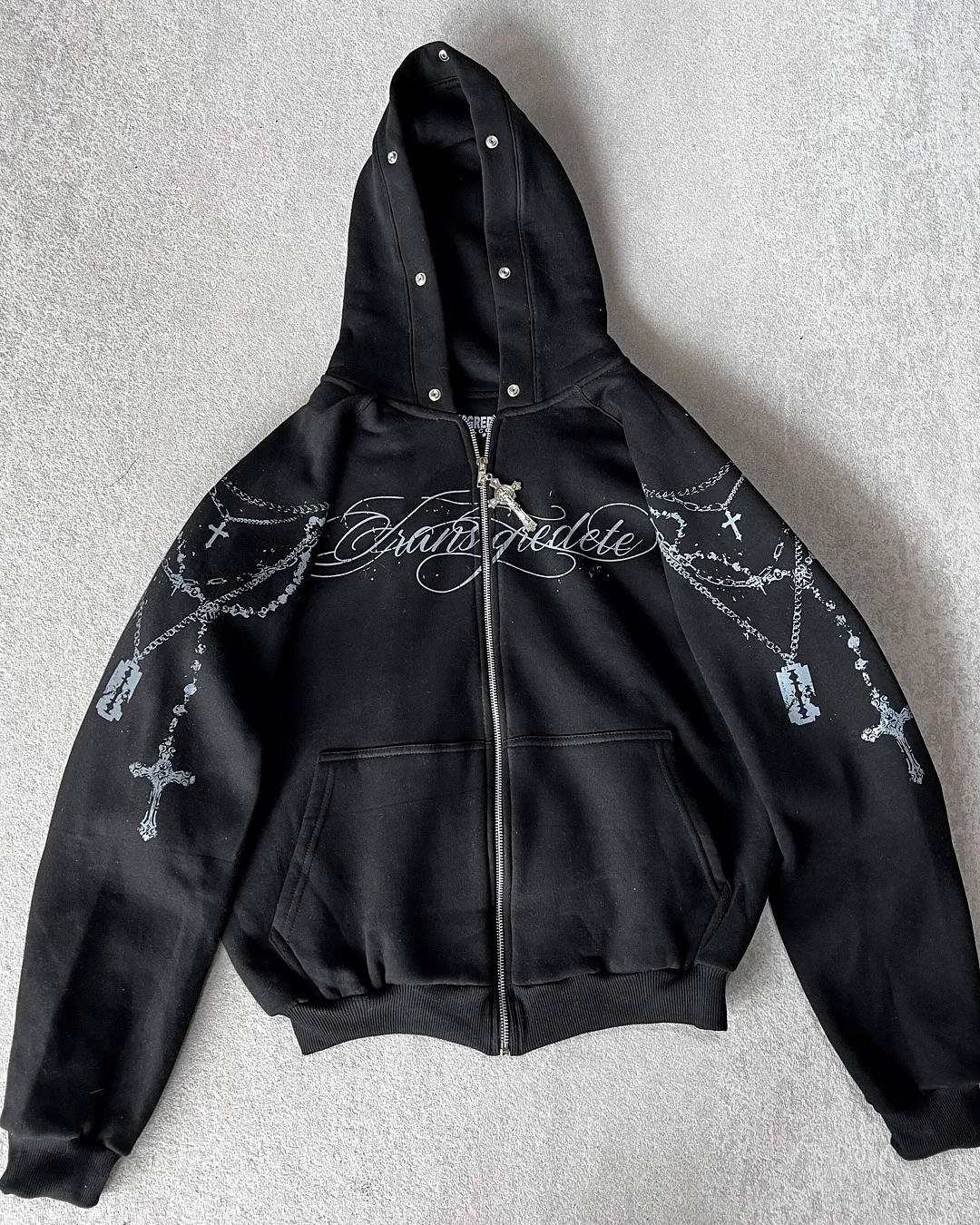 American Retro Rock Gothic Graphic Fur Collar Loose Zipper Sweatshirt Men's Y2K New Harajuku Punk Casual Joker Hoodie Streetwear