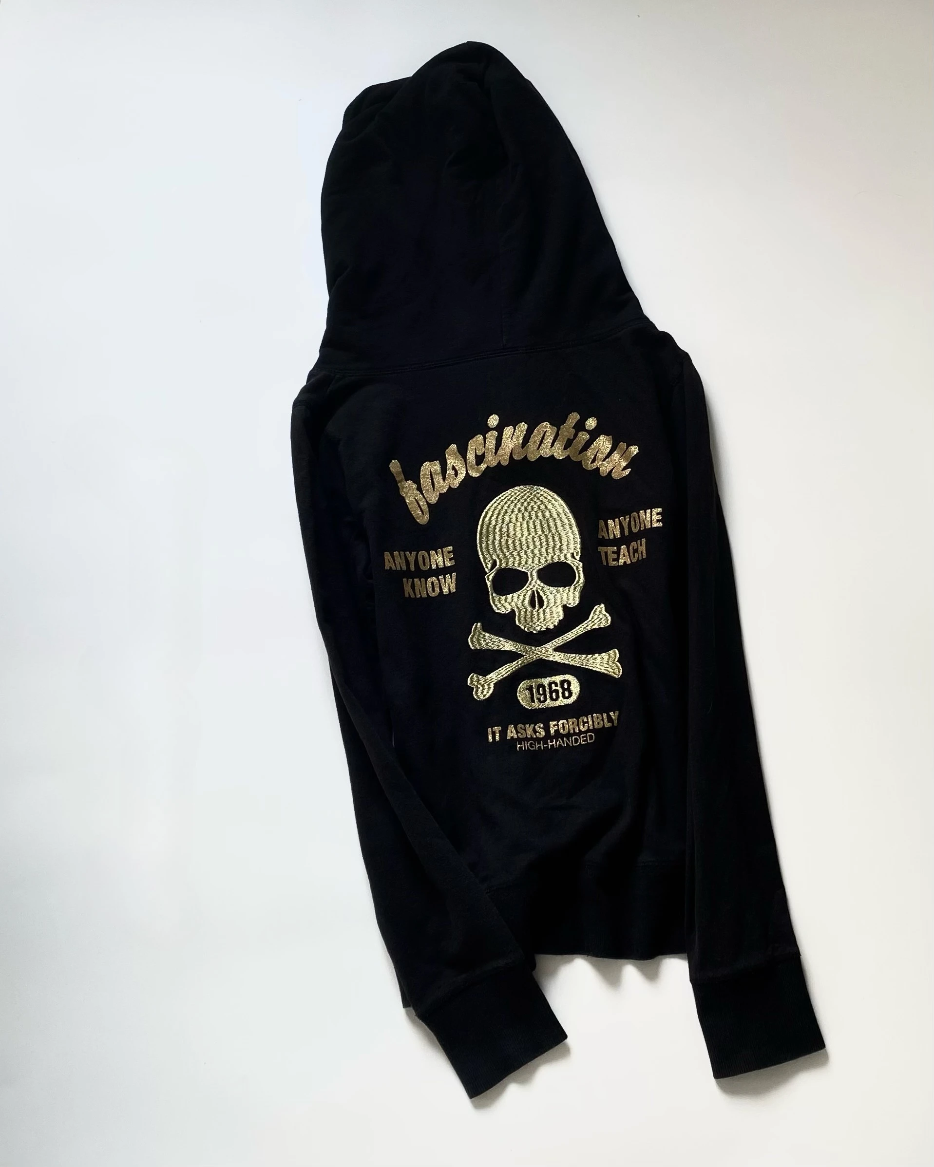 Y2K Goth Punk Zip Up Sweatshirt Embroider Skeleton Cross Bones Pattern Gold Lettering Hoodies Women Winter Streetwear Top Jacket