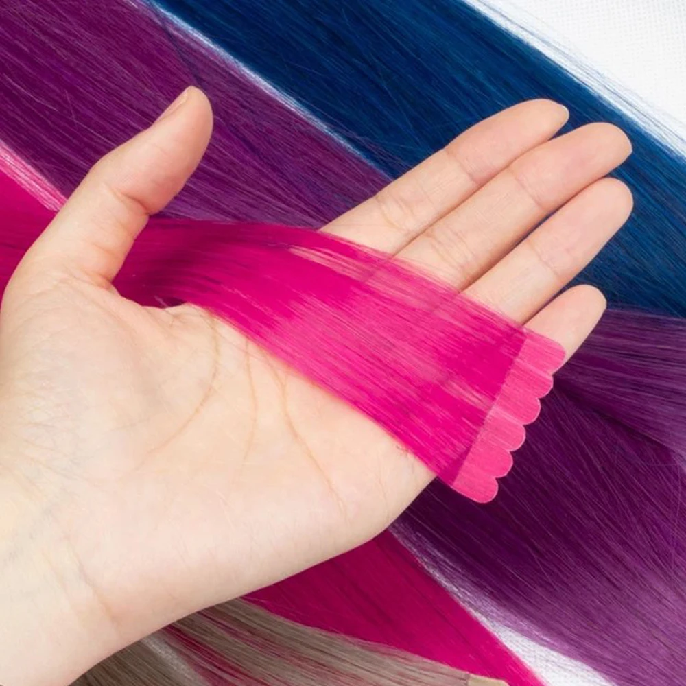 10pcs/pack Tape In Hair Extensions Invisible Adhesive Synthetic Colored Tape In Hair Extension Pink Purple Blue Colorful Hair