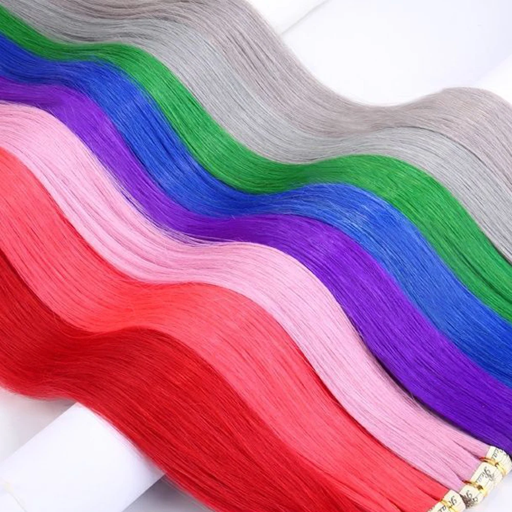 10pcs/pack Tape In Hair Extensions Invisible Adhesive Synthetic Colored Tape In Hair Extension Pink Purple Blue Colorful Hair