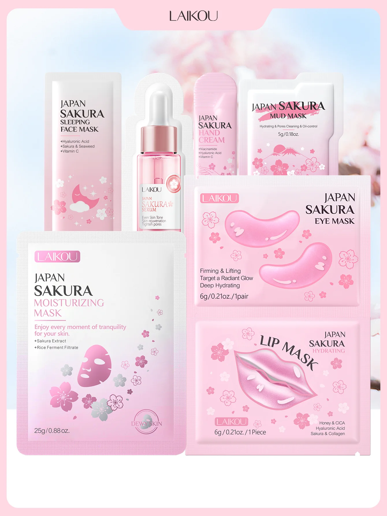 LAIKOU Japan Sakura Skin Care Set Hydrating Lip Mask Moisturizing And Soothing for Dry Skin