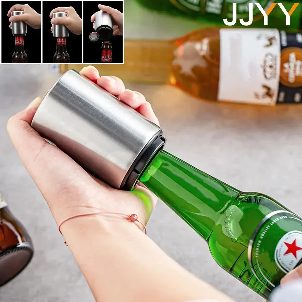 Stainless Steel Automatic Beer Bottle Opener Magnet Push Down Opener for Wine Beer Soda Caps Kitchen Tool