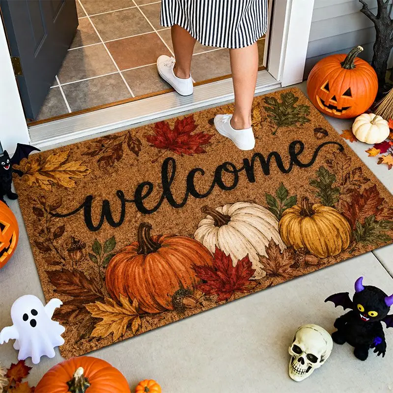 VIKAMA Vintage Fall Harvest Pumpkin Maple Leaf Doormat Washable Non Slip Indoor Outdoor Front Door Entrance Floor Mat Home Decor