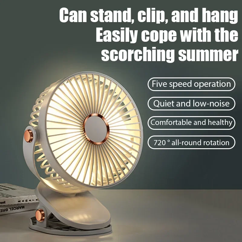8000mAh Clip-on Fan 5 Speed Quiet Rechargeable Desktop Portable Air Circulator Wireless Fan With LED Light For Camping