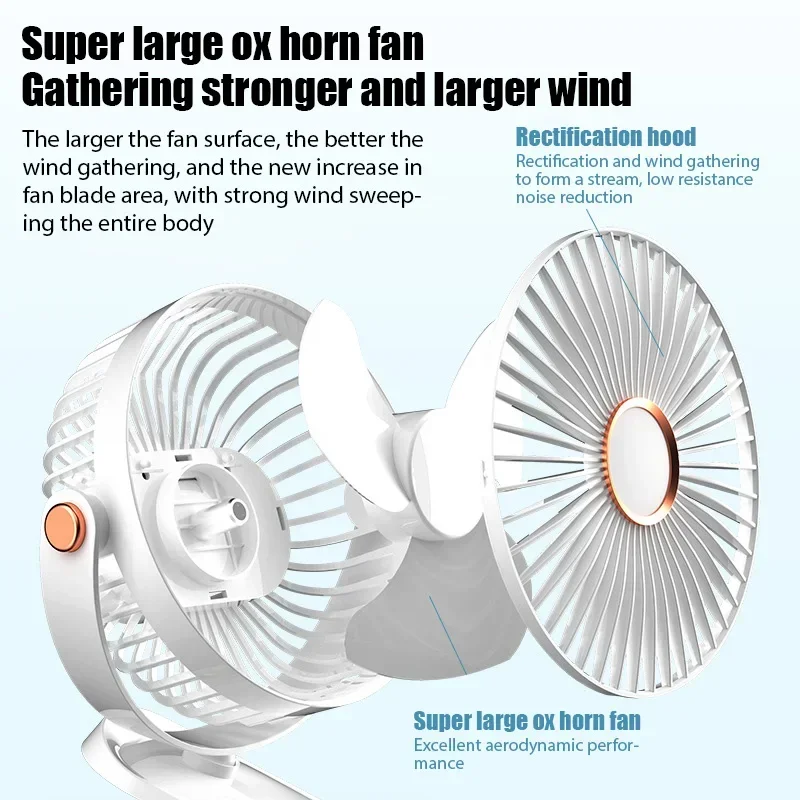 8000mAh Clip-on Fan 5 Speed Quiet Rechargeable Desktop Portable Air Circulator Wireless Fan With LED Light For Camping