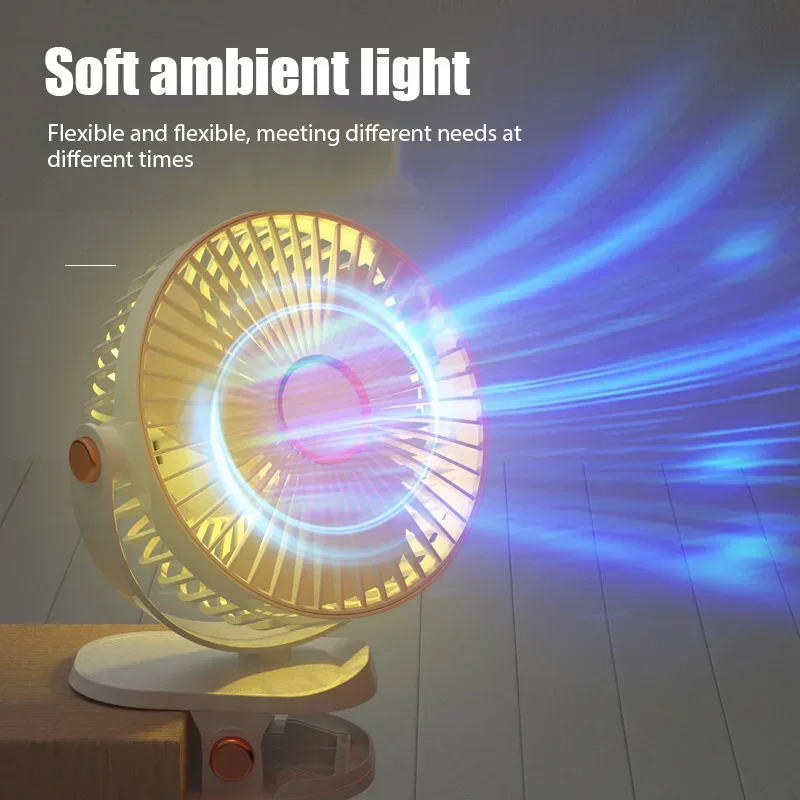 8000mAh Clip-on Fan 5 Speed Quiet Rechargeable Desktop Portable Air Circulator Wireless Fan With LED Light For Camping