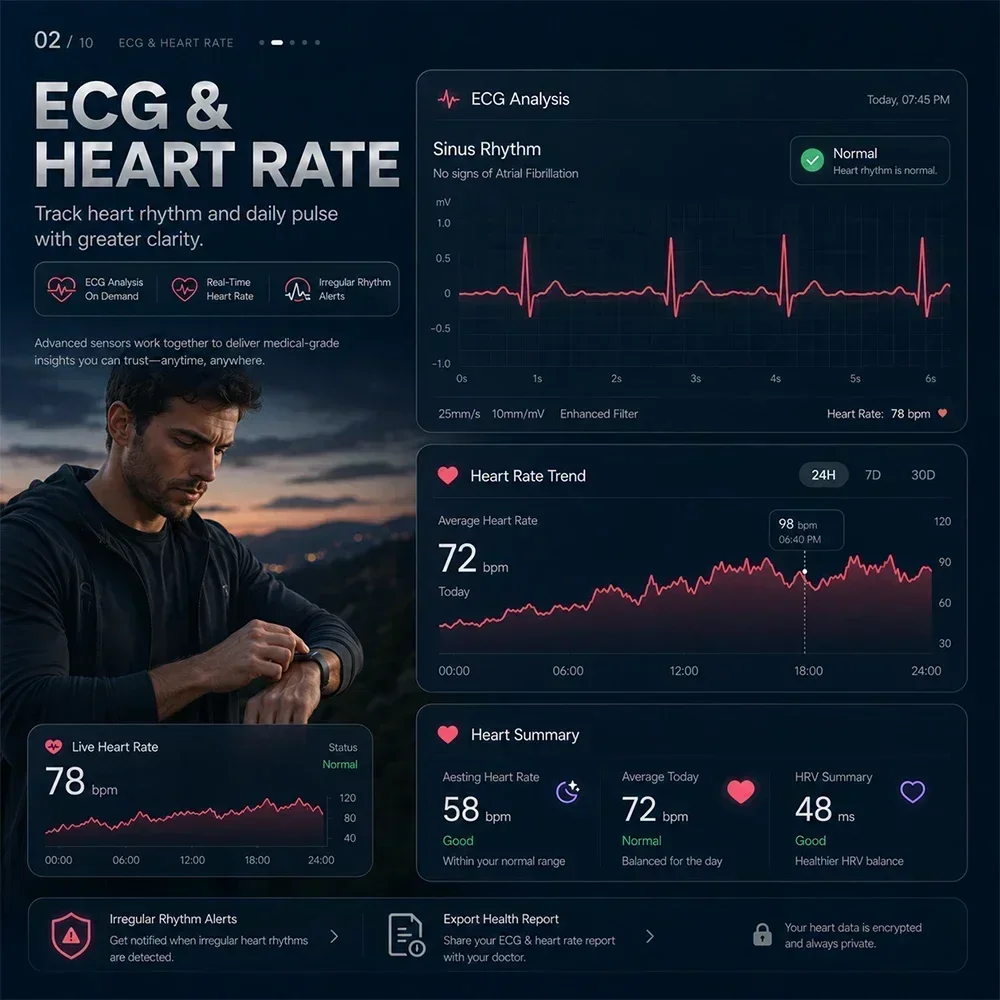 2026 New ECG Health Smart Bracelet HRV Blood Pressure Body Fat BMI Temperature Sleep Monitoring Fitness Tracker for Men Women