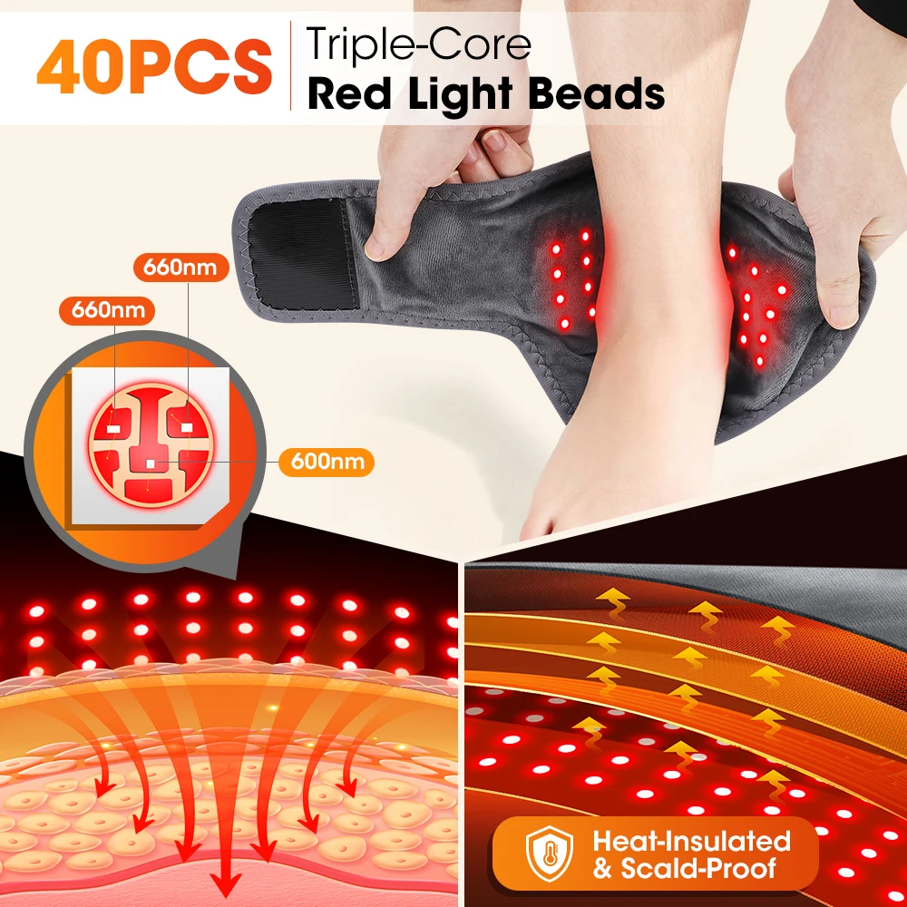 Red Light Cordless Heated Ankle Massager 660nm 40 LED Beads, Vibration Massage Foot Hand Wrap,Ankle Wrist Neck Brace for Choose