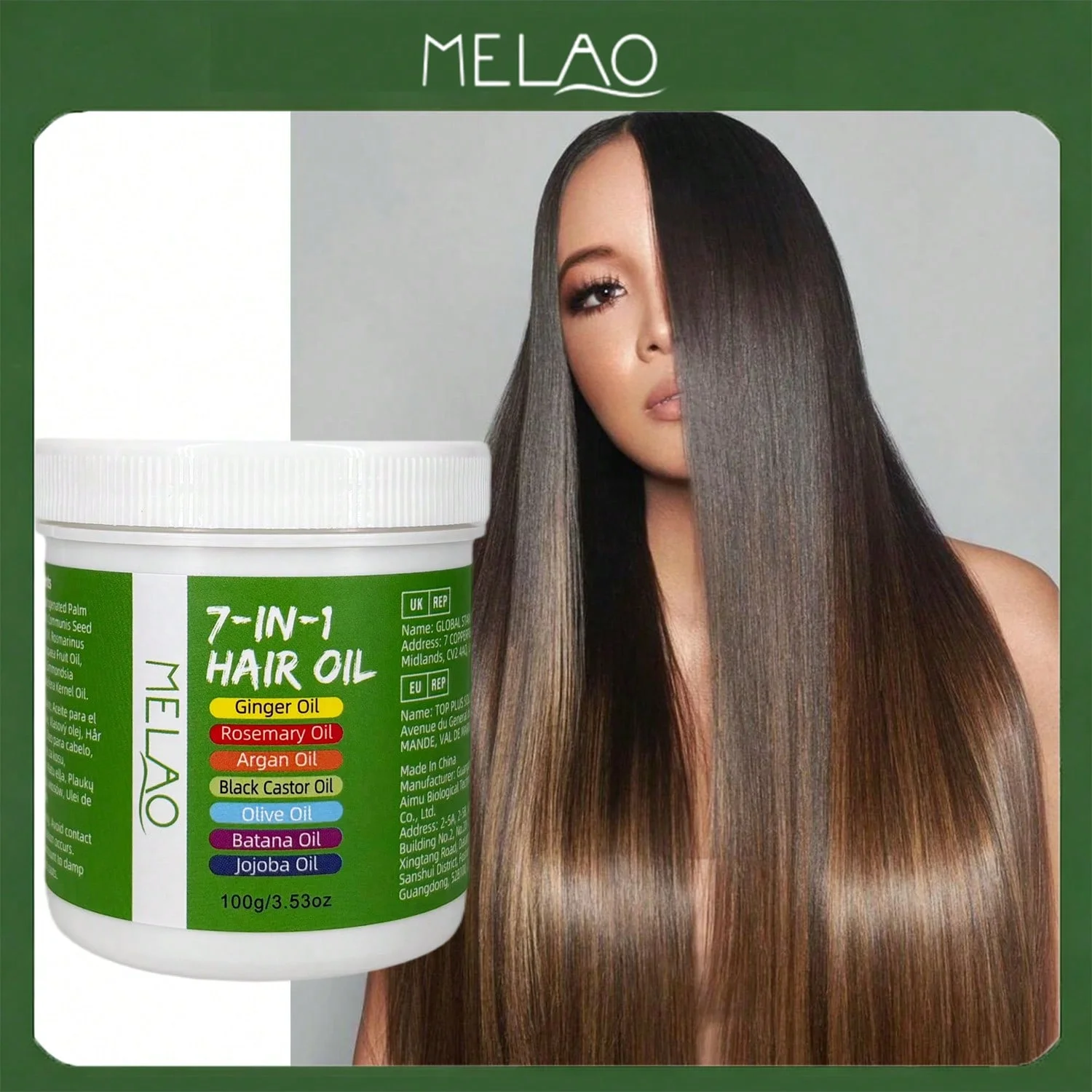 MELAO 7-in-1 Hair Oil, with Ginger, Rosemary, Argan & Black Castor Oil, Nourishing Scalp & Hair Oil for Dry, Damaged Hair