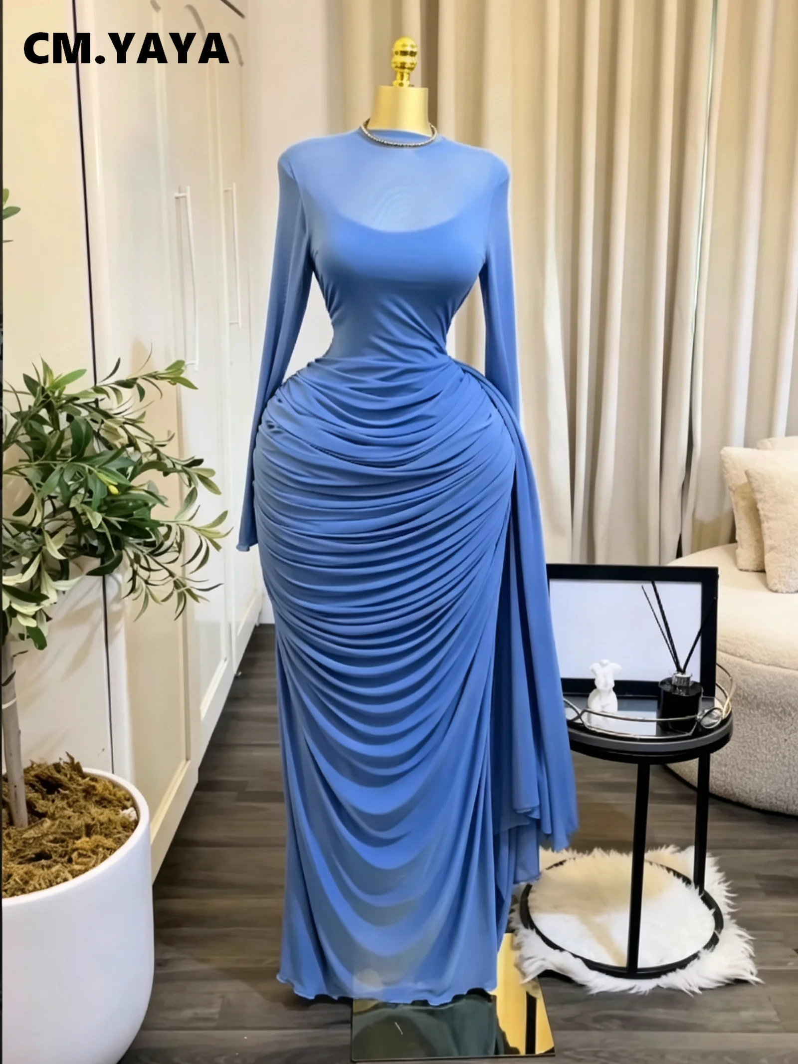 CM.YAYA Women Long Sleeve Streamer Side Bodycon Ruched Pencil Maxi Dress Birthday Vacation Beach Holiday Party Long Dresses