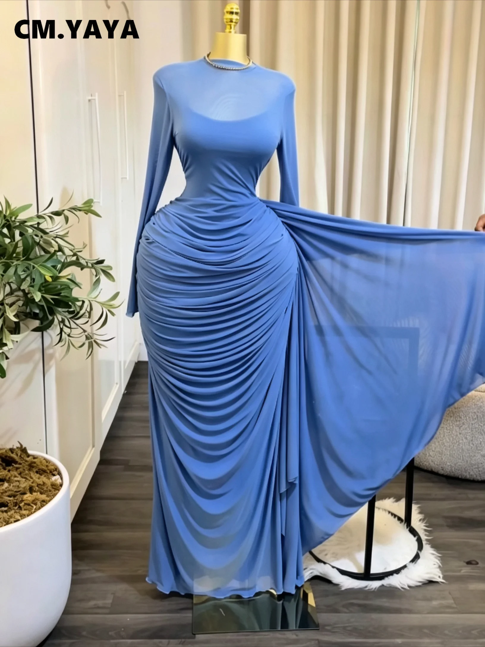 CM.YAYA Women Long Sleeve Streamer Side Bodycon Ruched Pencil Maxi Dress Birthday Vacation Beach Holiday Party Long Dresses