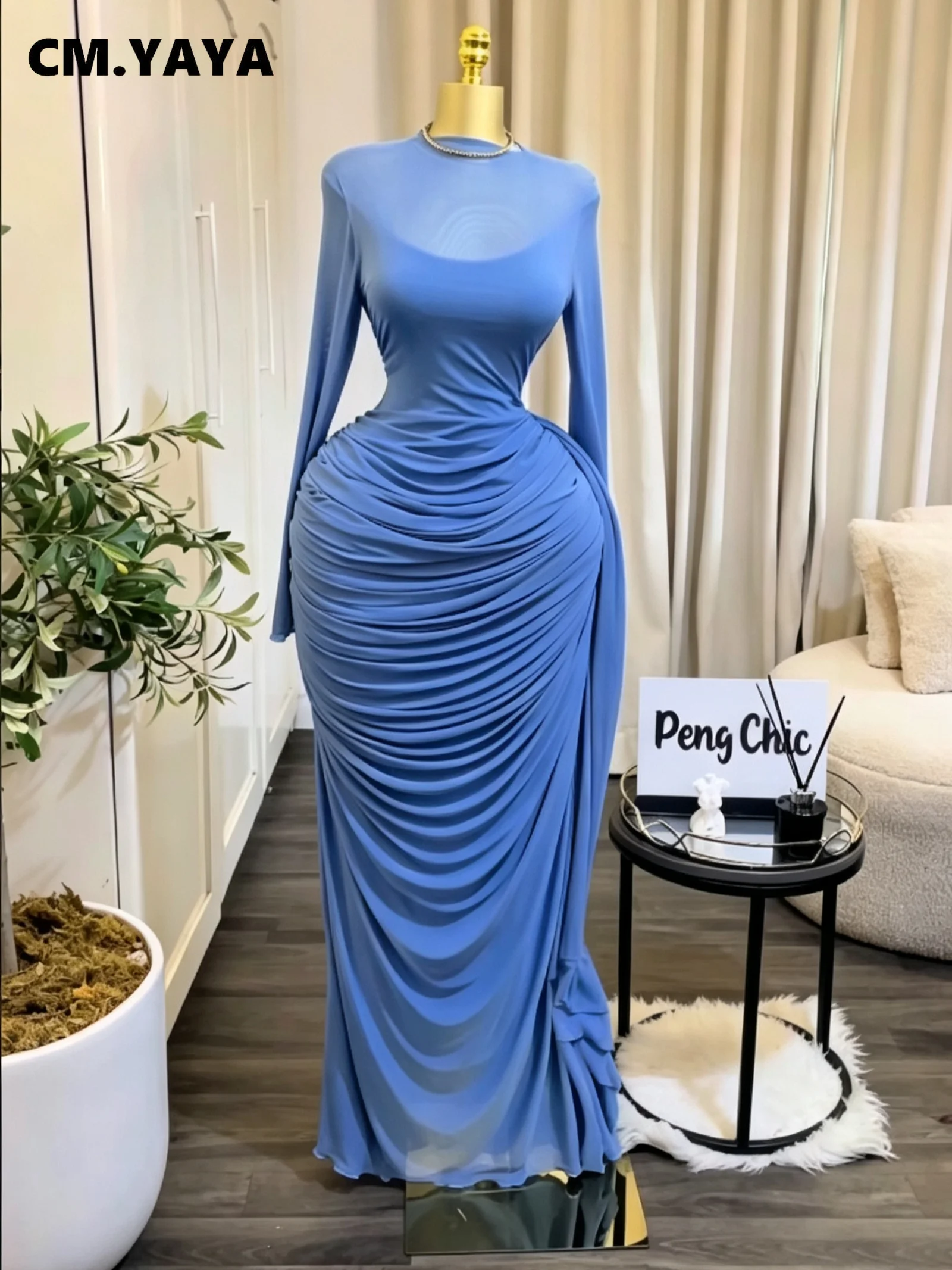 CM.YAYA Women Long Sleeve Streamer Side Bodycon Ruched Pencil Maxi Dress Birthday Vacation Beach Holiday Party Long Dresses