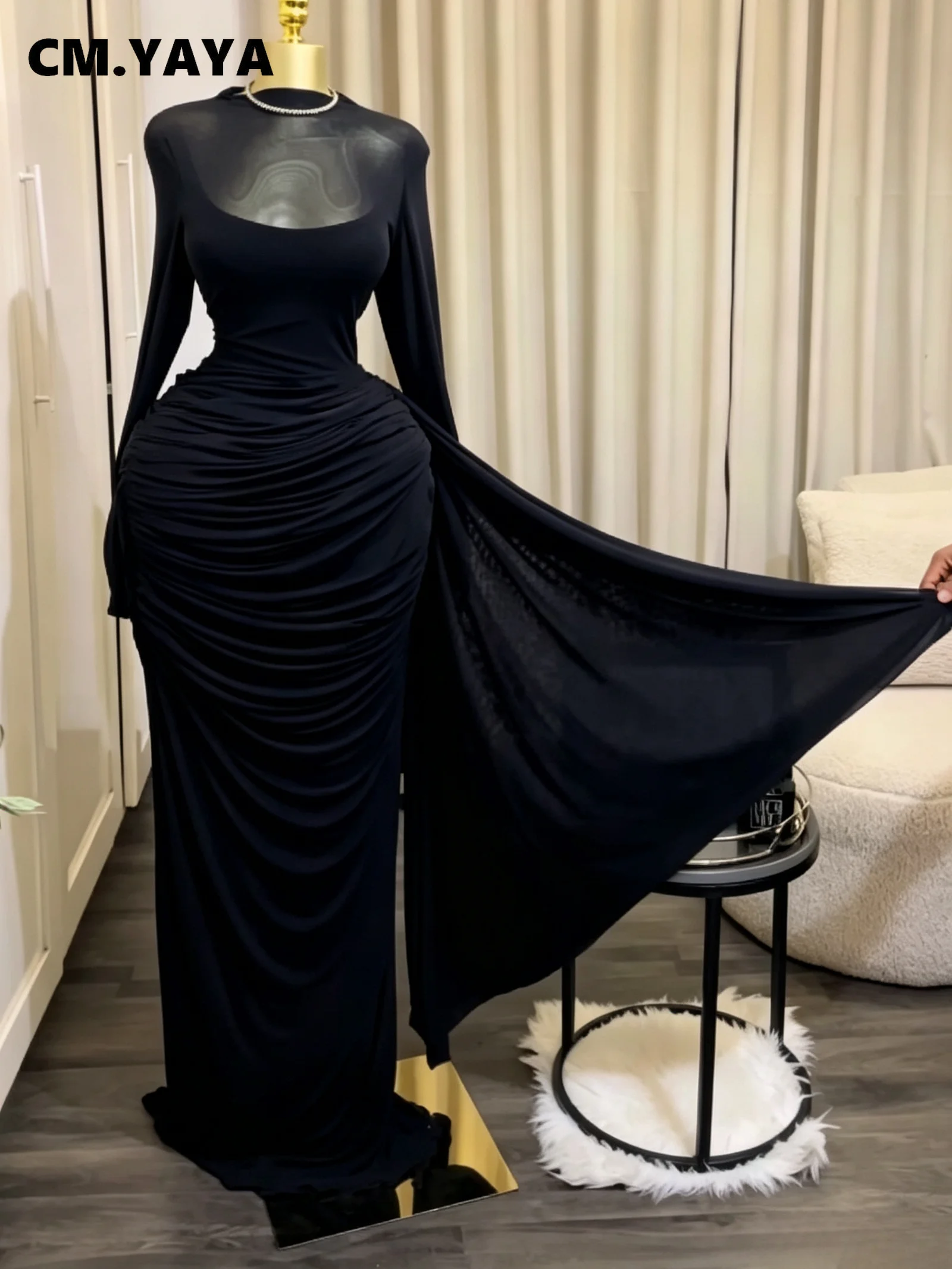 CM.YAYA Women Long Sleeve Streamer Side Bodycon Ruched Pencil Maxi Dress Birthday Vacation Beach Holiday Party Long Dresses
