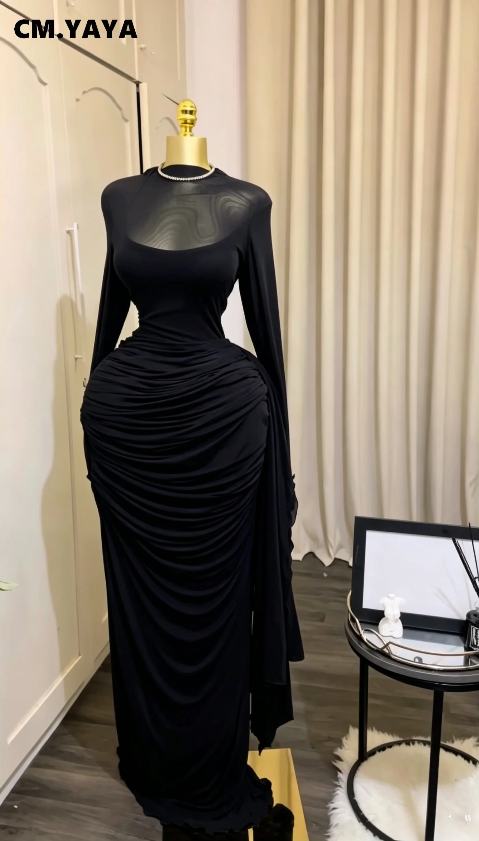 CM.YAYA Women Long Sleeve Streamer Side Bodycon Ruched Pencil Maxi Dress Birthday Vacation Beach Holiday Party Long Dresses