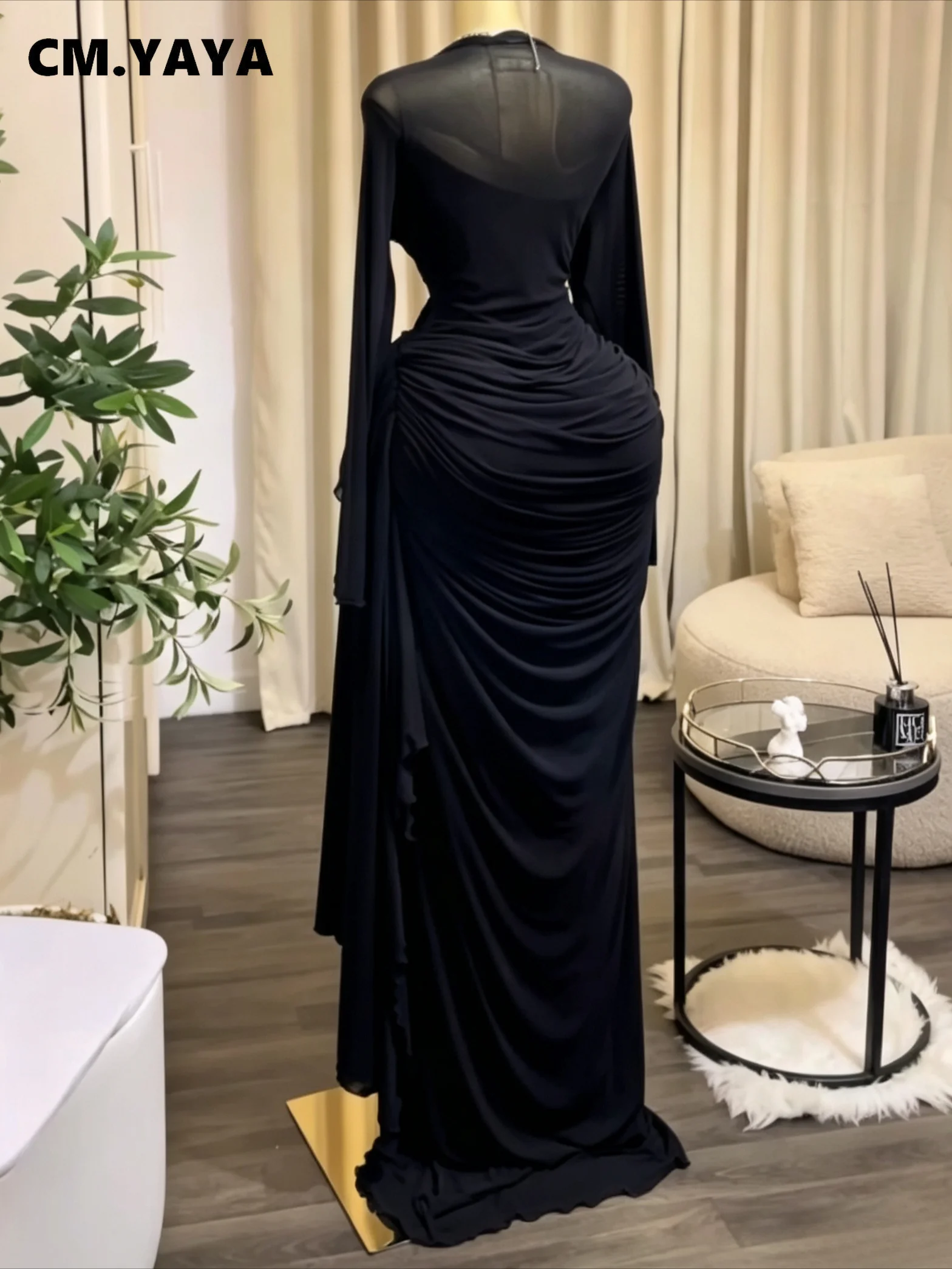 CM.YAYA Women Long Sleeve Streamer Side Bodycon Ruched Pencil Maxi Dress Birthday Vacation Beach Holiday Party Long Dresses