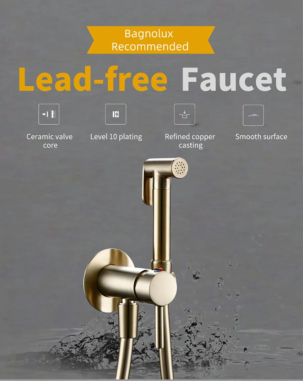 Bagnolux Brushed Gold Toilet Held Bidet Sprayer Kit with Hose and Holder Wall Mounted Hot and Cold Mixed Type Bathroom Faucet