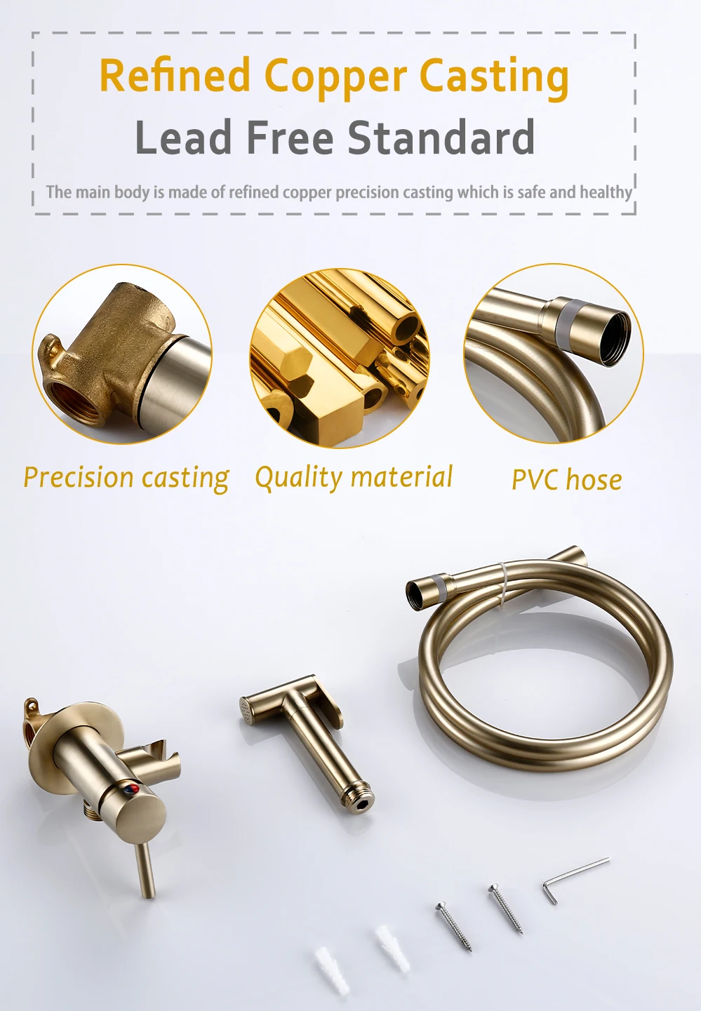 Bagnolux Brushed Gold Toilet Held Bidet Sprayer Kit with Hose and Holder Wall Mounted Hot and Cold Mixed Type Bathroom Faucet