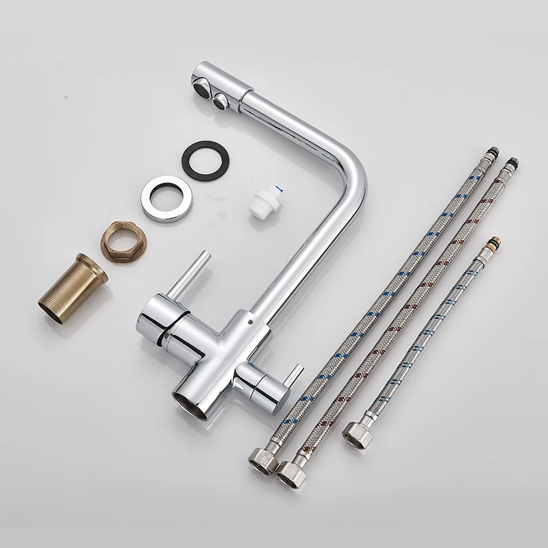 Chrome Kitchen Faucet Dual Swivel Spout Drinking Water Filter Brass Purifier Vessel Sink Mixer Tap Hot and Cold Water Torneira