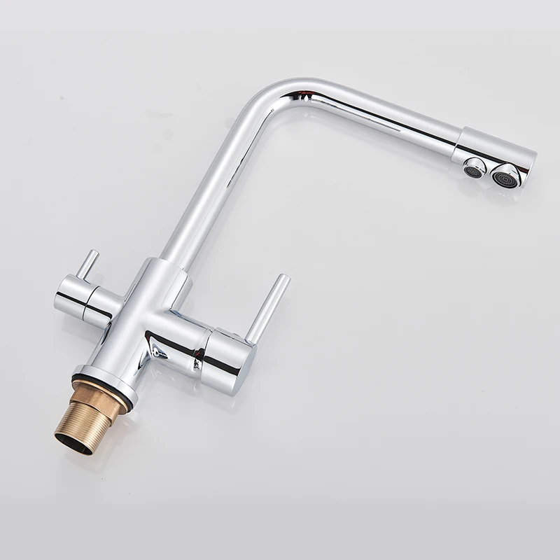 Chrome Kitchen Faucet Dual Swivel Spout Drinking Water Filter Brass Purifier Vessel Sink Mixer Tap Hot and Cold Water Torneira