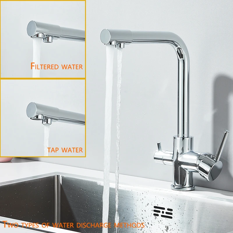 Chrome Kitchen Faucet Dual Swivel Spout Drinking Water Filter Brass Purifier Vessel Sink Mixer Tap Hot and Cold Water Torneira