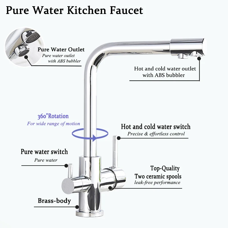 Chrome Kitchen Faucet Dual Swivel Spout Drinking Water Filter Brass Purifier Vessel Sink Mixer Tap Hot and Cold Water Torneira