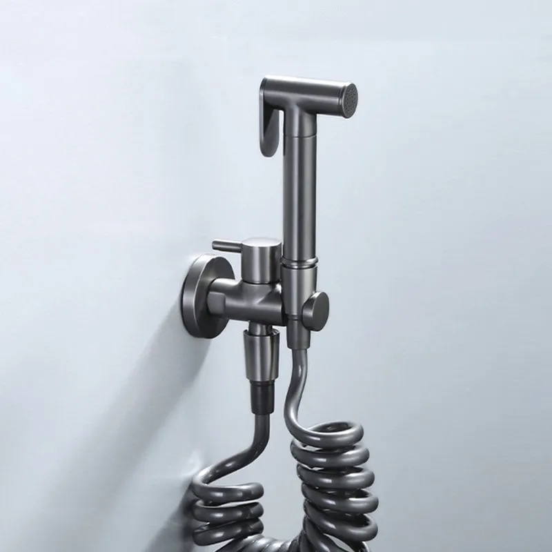 Wall Mounted Toilet Shower Bidet Spray Gun Faucet Set with Spring PVC SS Hose Chrome/Black/Grey Metal Brass for Bathroom