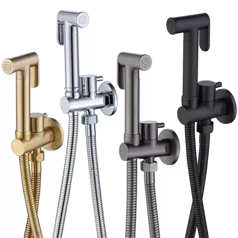 Wall Mounted Toilet Shower Bidet Spray Gun Faucet Set with Spring PVC SS Hose Chrome/Black/Grey Metal Brass for Bathroom