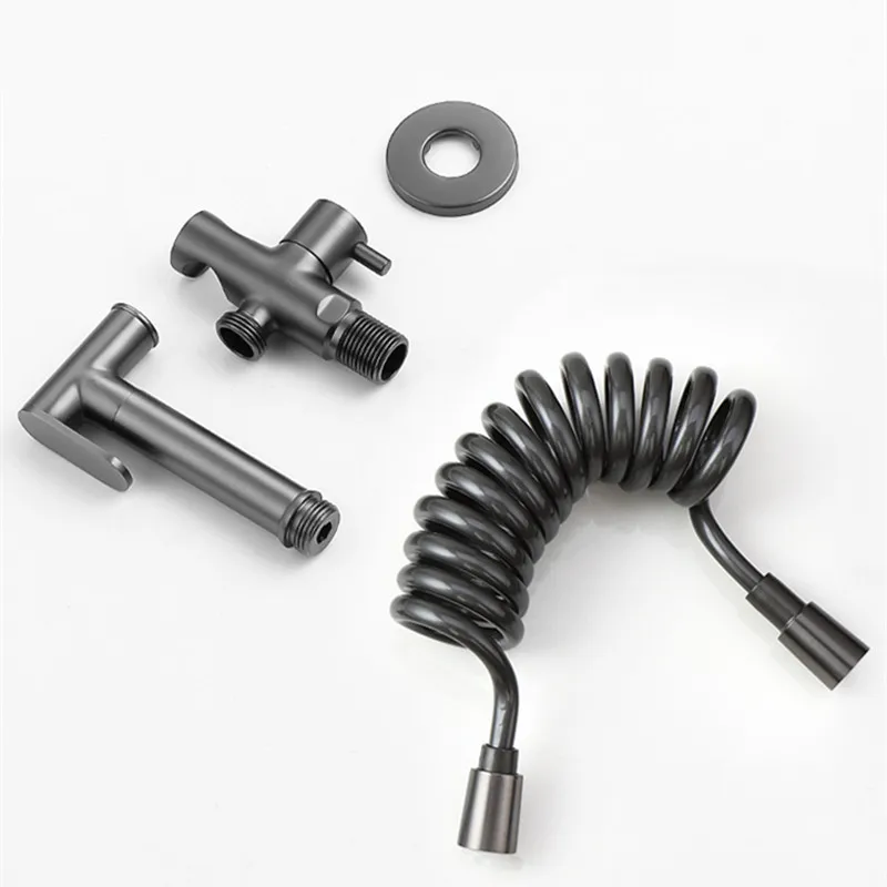 Wall Mounted Toilet Shower Bidet Spray Gun Faucet Set with Spring PVC SS Hose Chrome/Black/Grey Metal Brass for Bathroom
