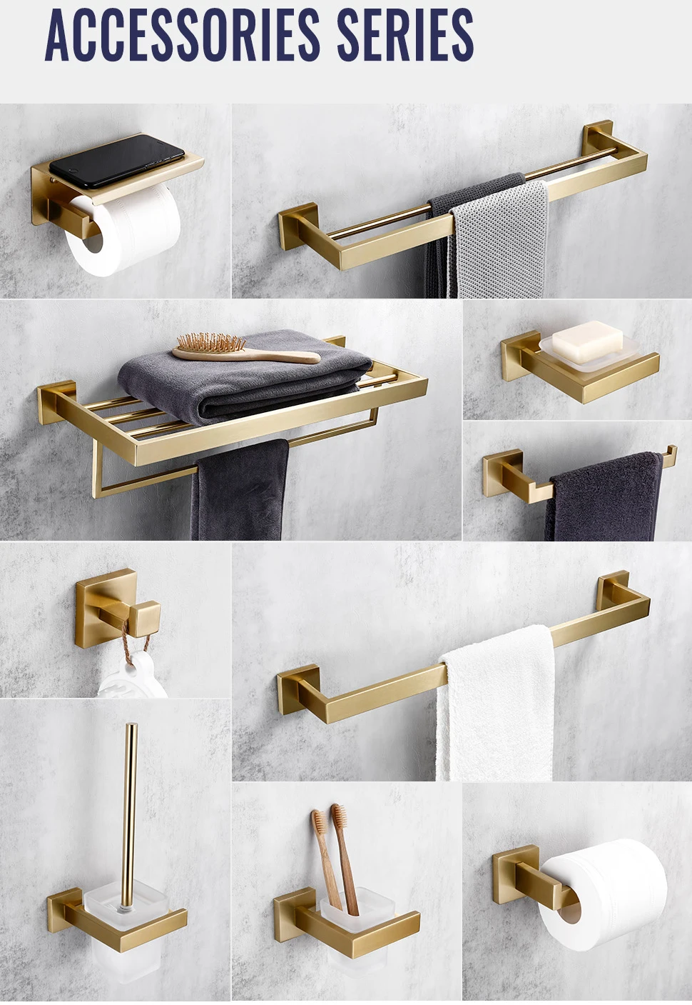 Brushed Gold Bathroom Accessories Set Toilet Brush Holder Toilet Paper Holder Towel Bar Rail Rack Hanger Hook Soap Dish Hardware