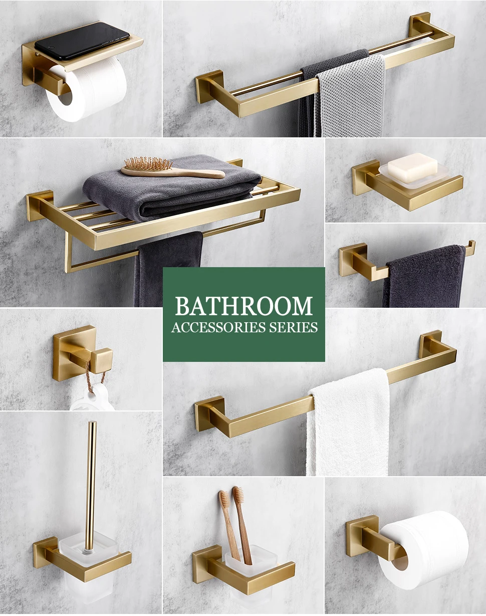 Matte Gold Towel Rack 304 stainless steel Towel Bar Double Towel Shelf Paper Holder Tissue Holder Toilet Brush Holder
