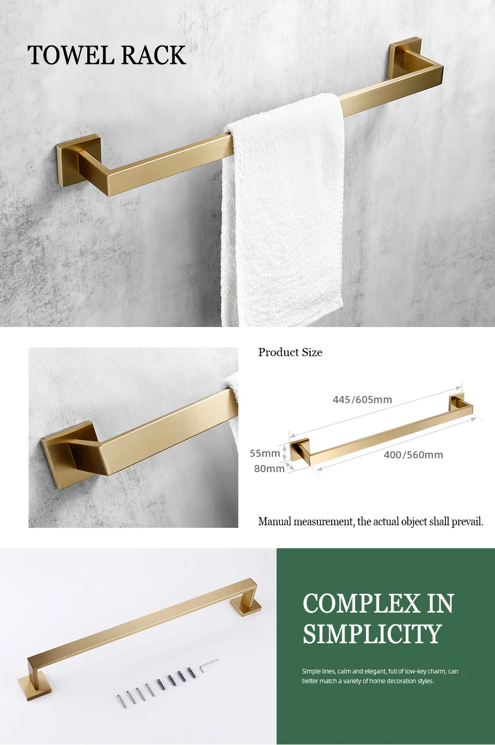 Matte Gold Towel Rack 304 stainless steel Towel Bar Double Towel Shelf Paper Holder Tissue Holder Toilet Brush Holder