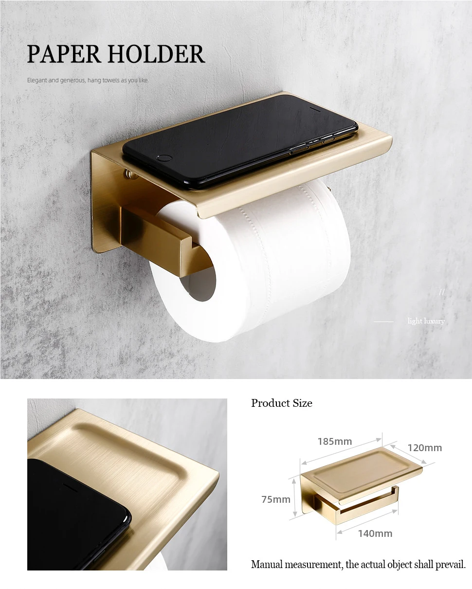 Matte Gold Towel Rack 304 stainless steel Towel Bar Double Towel Shelf Paper Holder Tissue Holder Toilet Brush Holder