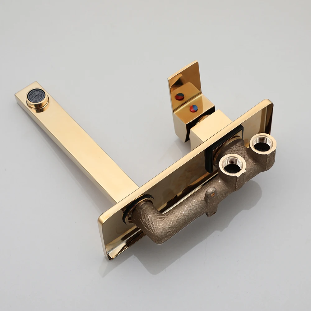 KEMAIDI Golden Plated Bathroom Sink Faucet Wall Mounted Washbasin Faucet Tap Concealed Crane Hot and Cold Water Faucet Mixer