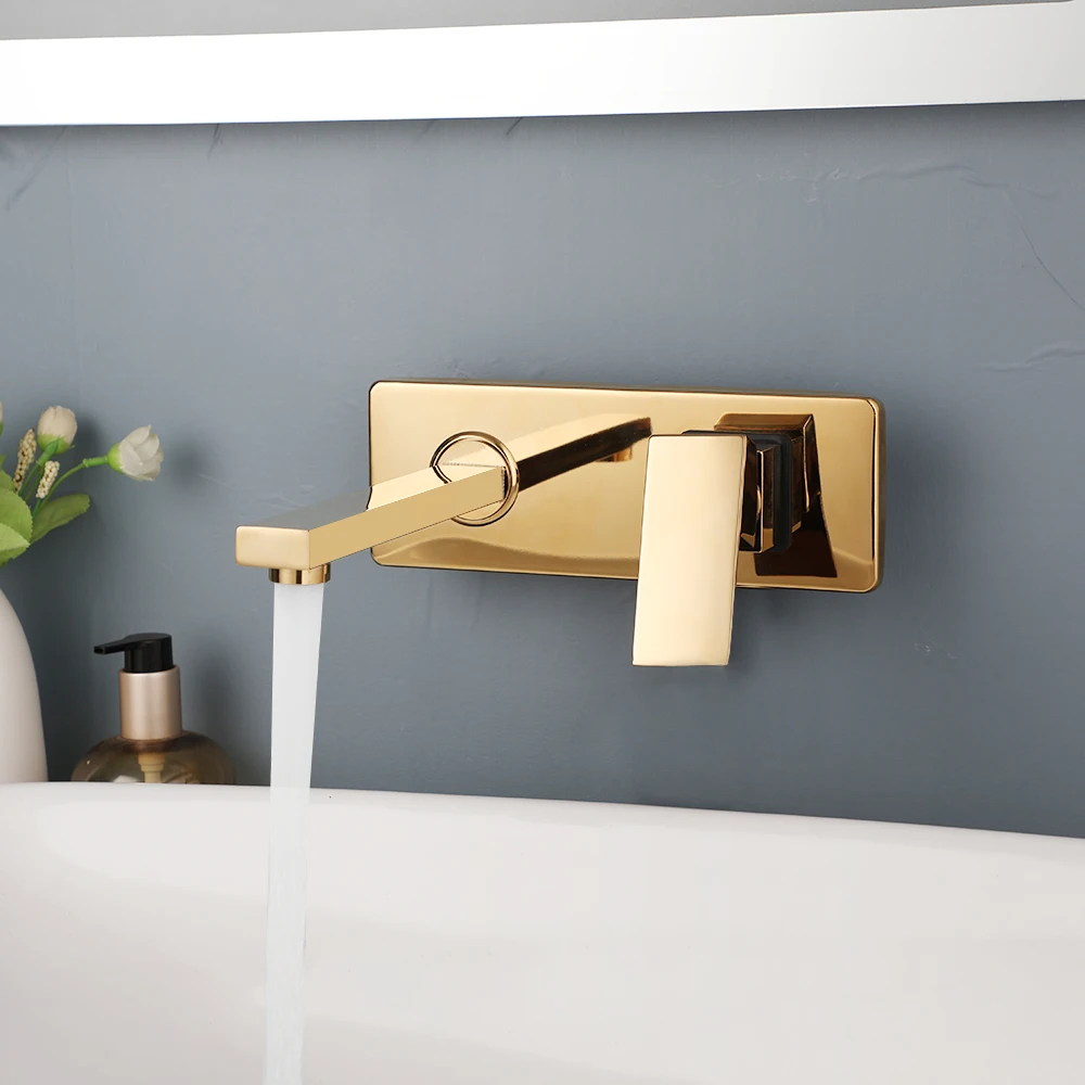 KEMAIDI Golden Plated Bathroom Sink Faucet Wall Mounted Washbasin Faucet Tap Concealed Crane Hot and Cold Water Faucet Mixer