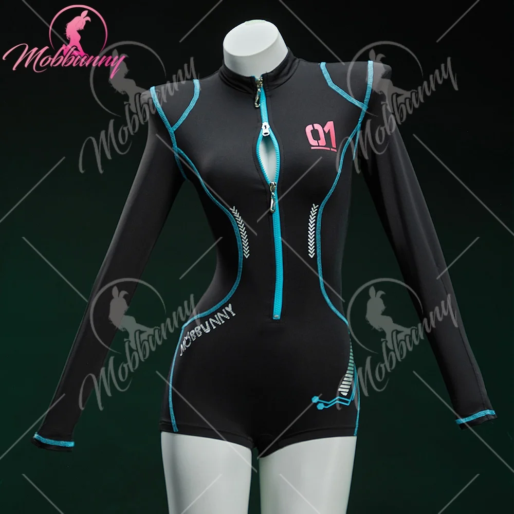 MOBBUNNY Women's Vocal Derivative Sexy Cosplay Cyber Style Tight Sportswear Bodysuit with Hooded Short Jacket and Headdress