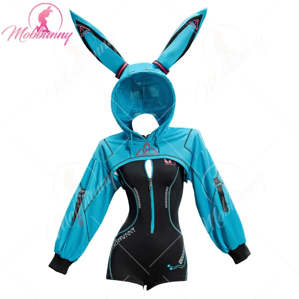 MOBBUNNY Women's Vocal Derivative Sexy Cosplay Cyber Style Tight Sportswear Bodysuit with Hooded Short Jacket and Headdress