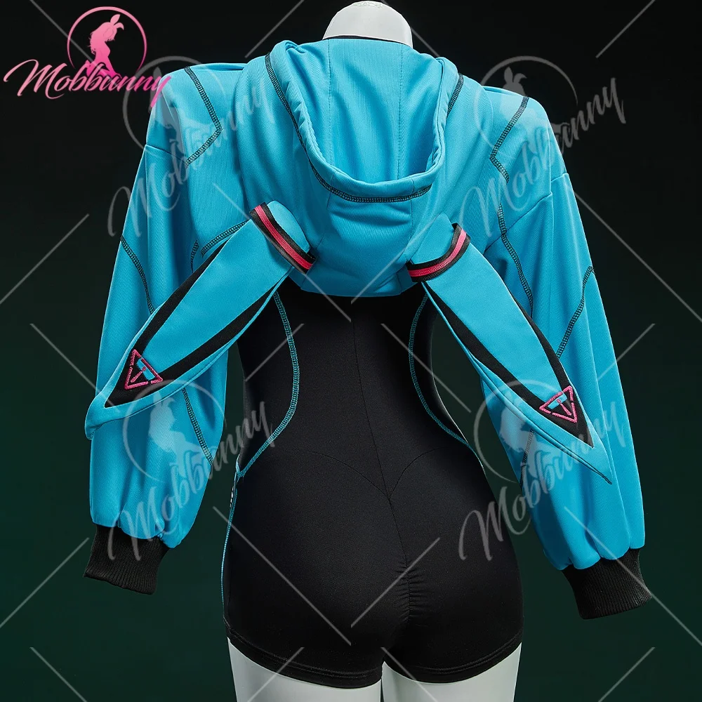 MOBBUNNY Women's Vocal Derivative Sexy Cosplay Cyber Style Tight Sportswear Bodysuit with Hooded Short Jacket and Headdress