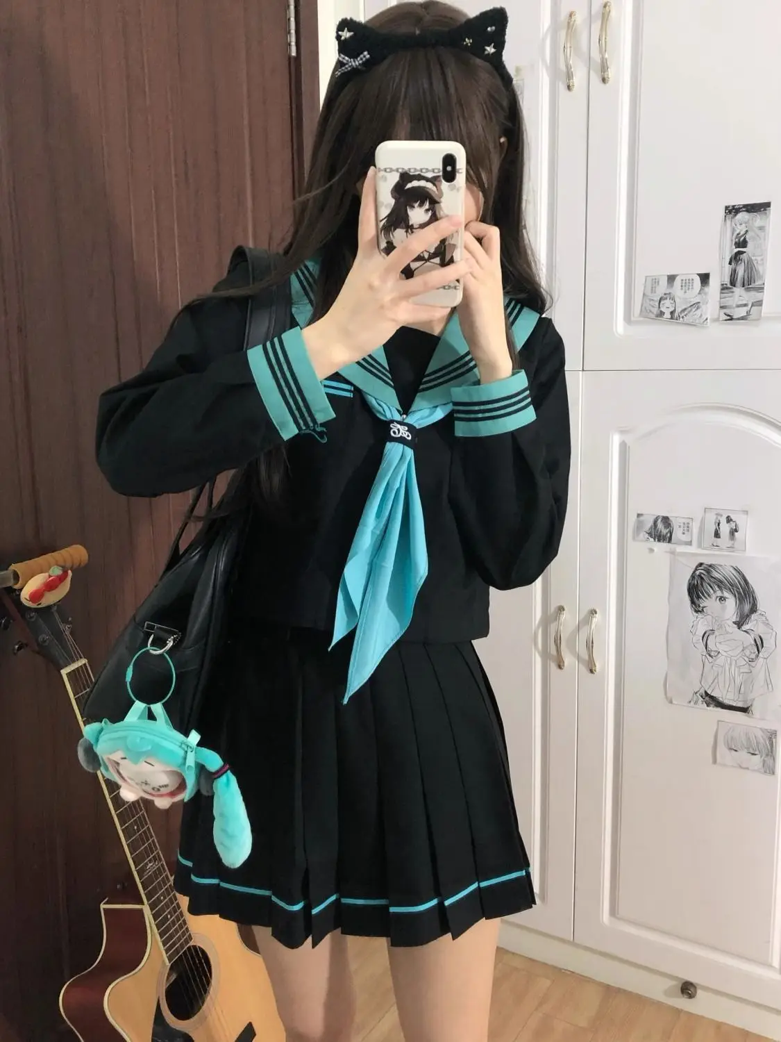 Hatsune Miku Japanese School Uniform Set Women Summer Sailor Suit Top Pleated Skirt Two Pieces Set Dress Polyester Fiber Gift
