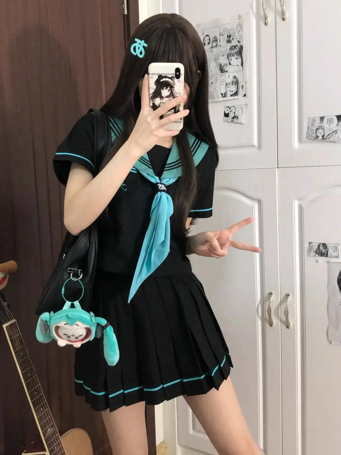 Hatsune Miku Japanese School Uniform Set Women Summer Sailor Suit Top Pleated Skirt Two Pieces Set Dress Polyester Fiber Gift