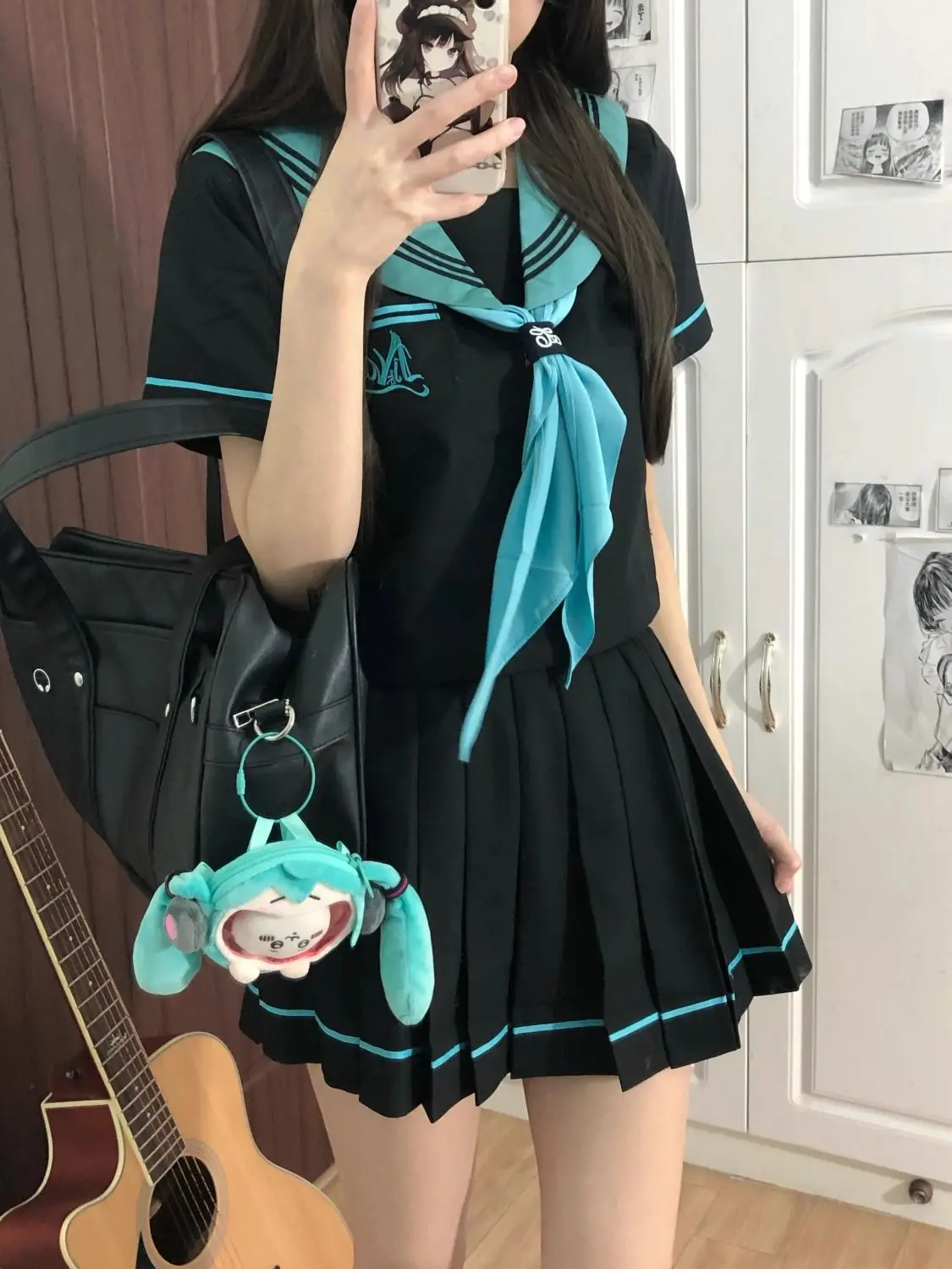 Hatsune Miku Japanese School Uniform Set Women Summer Sailor Suit Top Pleated Skirt Two Pieces Set Dress Polyester Fiber Gift