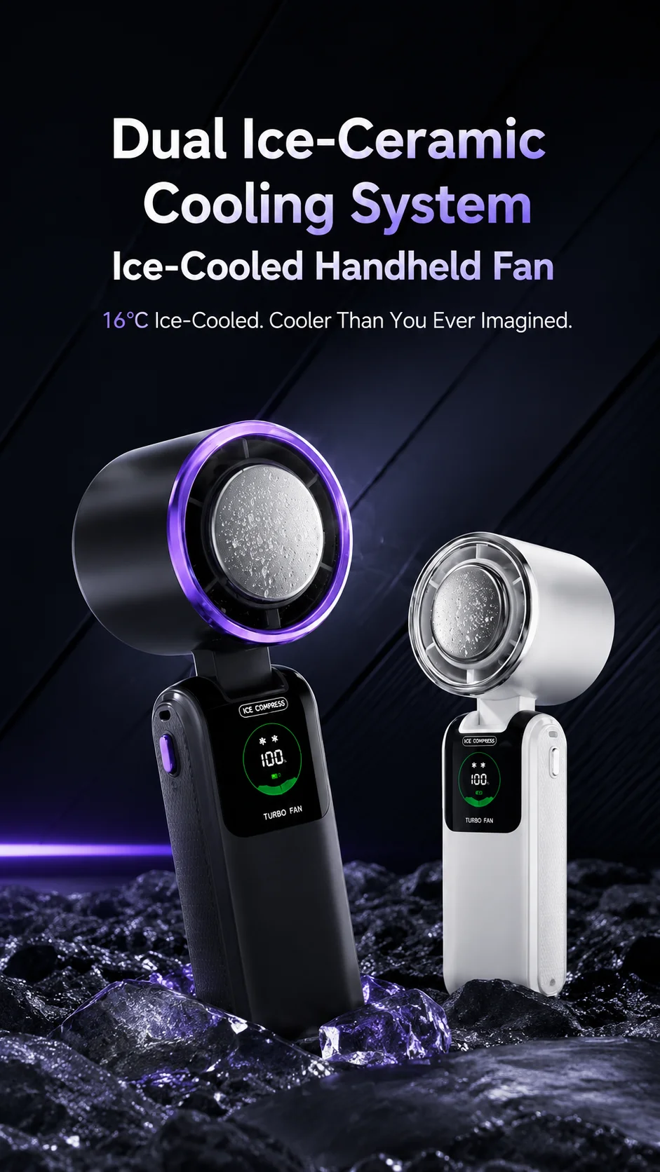 Ice Cooling Portable Neck Fan, 5-Speed Turbo Wind Foldable Hands Free Cooler, 4000mAh 9H Battery Travel Outdoor