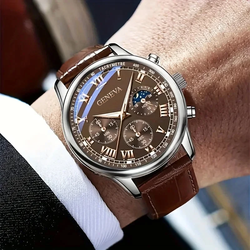 Fashion Leather Strap Men Business Watches Round Dial Male's Analog Quartz Wristwatch Reloj Hombre(Without Box)