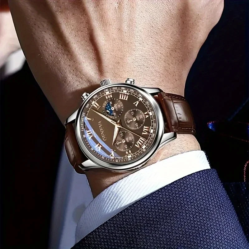 Fashion Leather Strap Men Business Watches Round Dial Male's Analog Quartz Wristwatch Reloj Hombre(Without Box)