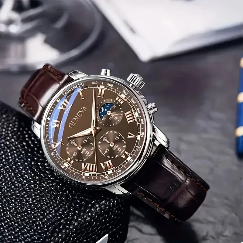 Fashion Leather Strap Men Business Watches Round Dial Male's Analog Quartz Wristwatch Reloj Hombre(Without Box)