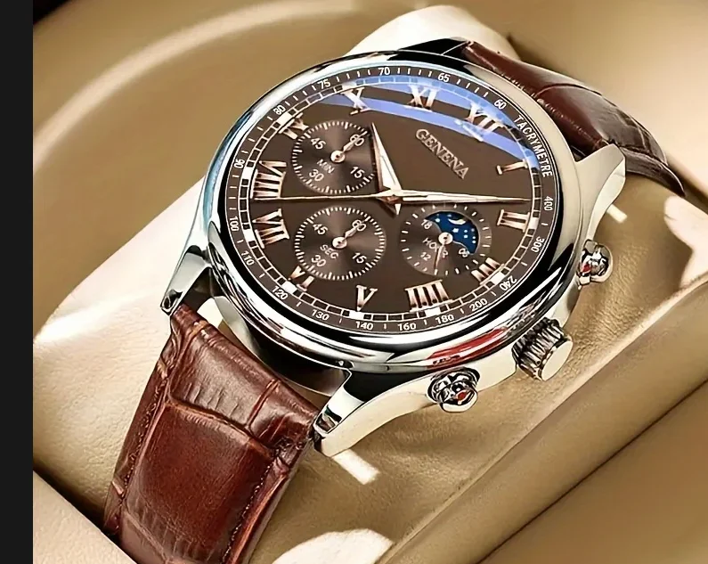 New Men Watch Luxury Bracelet Set Fashion Business Brown Leather Quartz Wrist Watches for Men Gift Set Relogio Masculino