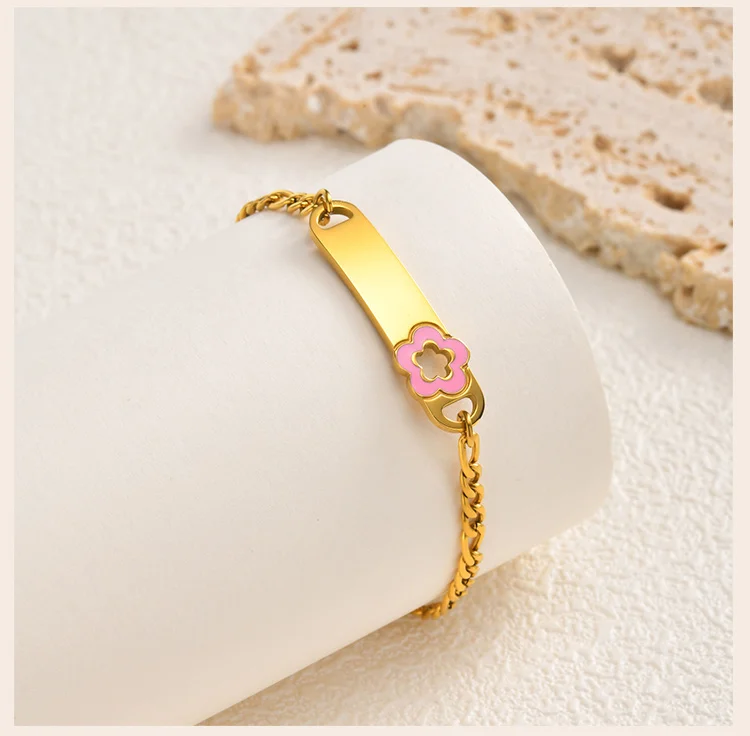 Customized Name Baby Flower Baby Bracelet, 18K Gold Plated Flower ID Bar for Kids Child, Waterproof Tarnish-Free Birthday Gift
