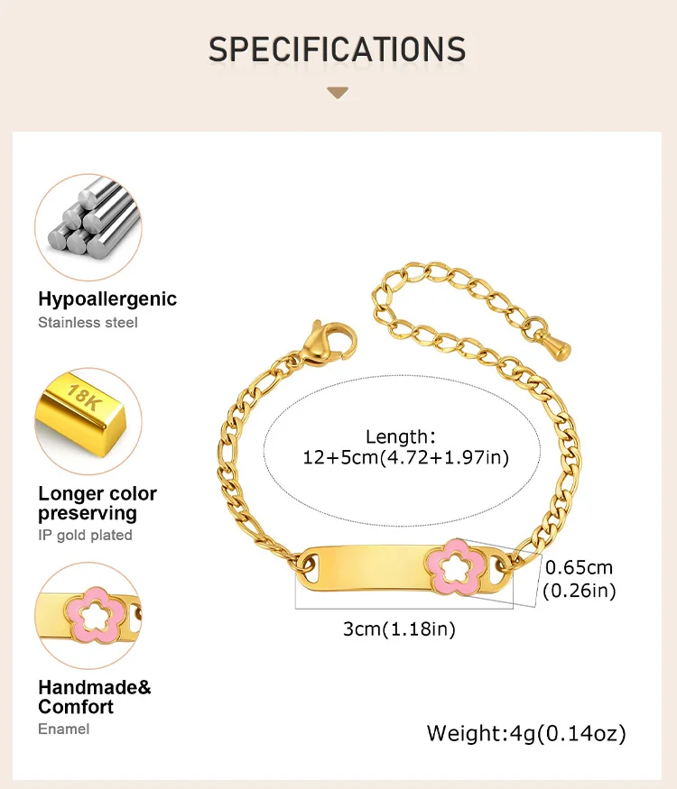 Customized Name Baby Flower Baby Bracelet, 18K Gold Plated Flower ID Bar for Kids Child, Waterproof Tarnish-Free Birthday Gift