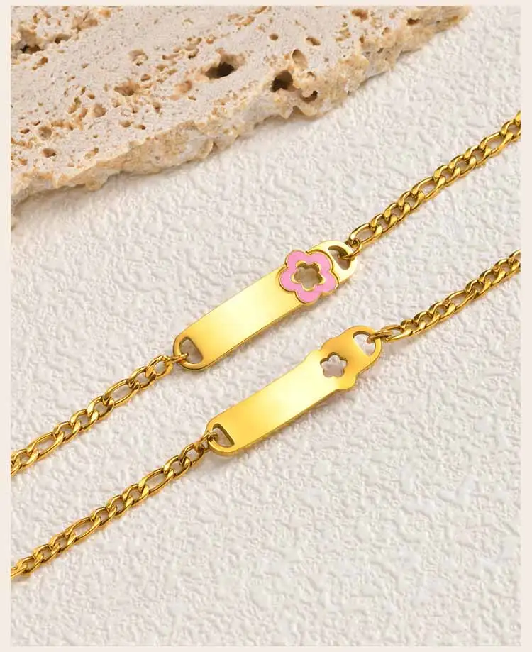 Customized Name Baby Flower Baby Bracelet, 18K Gold Plated Flower ID Bar for Kids Child, Waterproof Tarnish-Free Birthday Gift